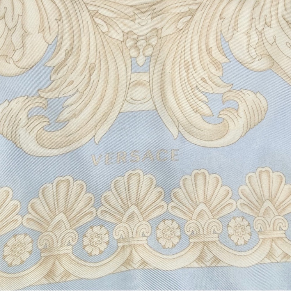 VERSACE Luxury 100% Silk Scarf Powder Blue & Cream NEW w/Tags in Box NWT